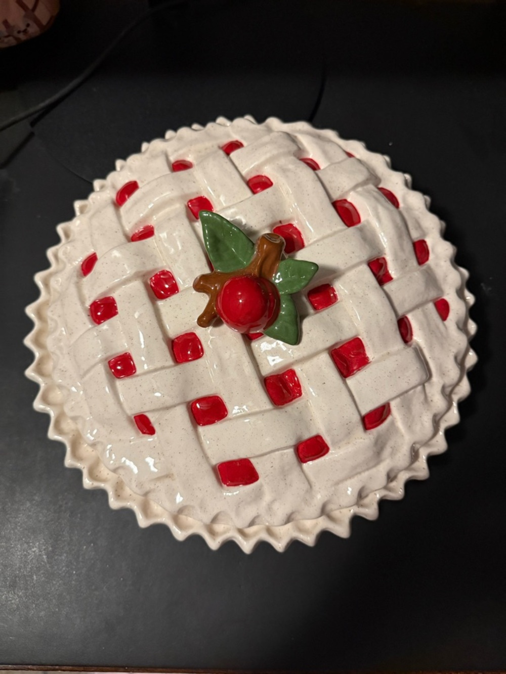 Ceramic Holiday Pie Dish Lid with Red Cherry Accent